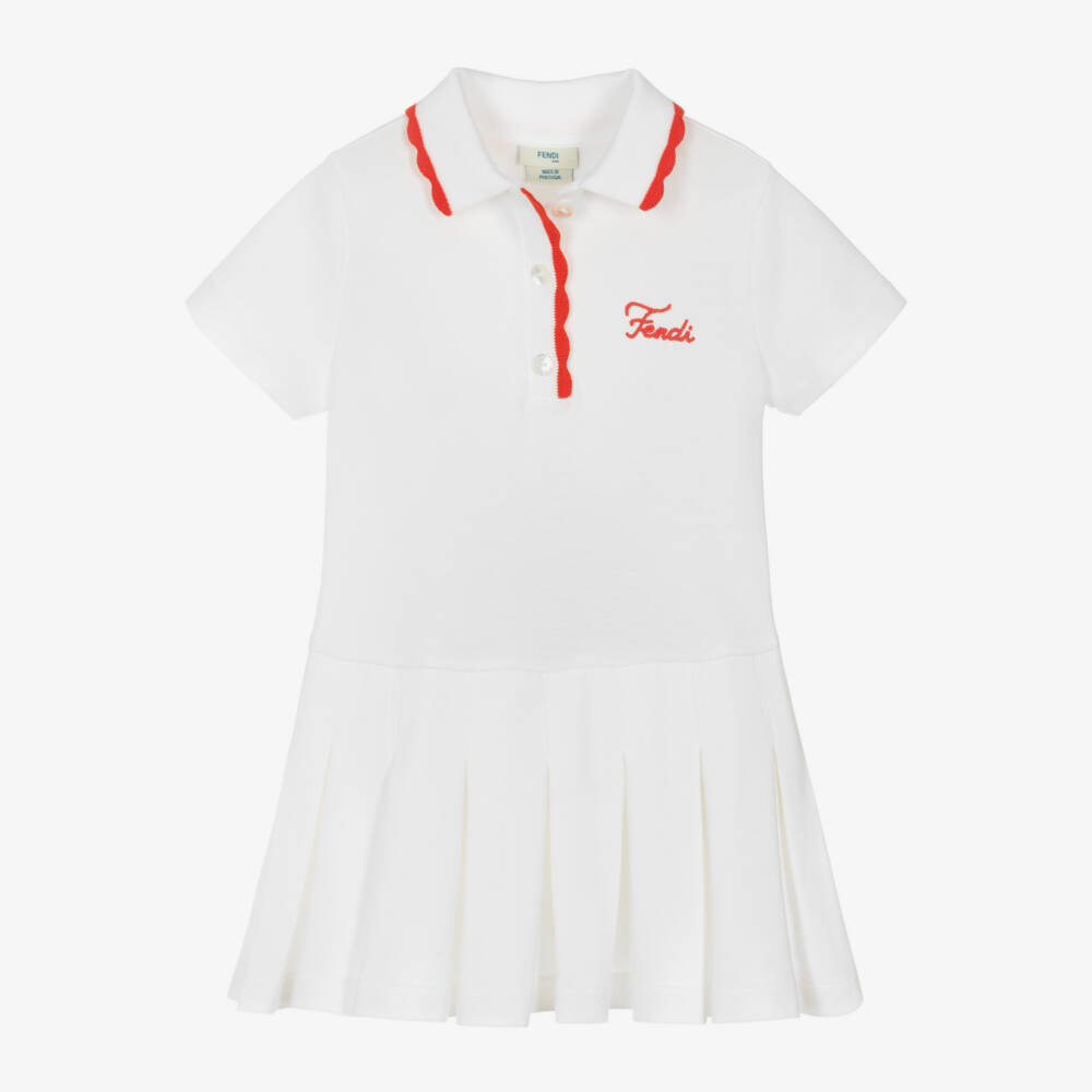 Fendi-Baby Girls White Cotton Polo Dress | Childrensalon Outlet