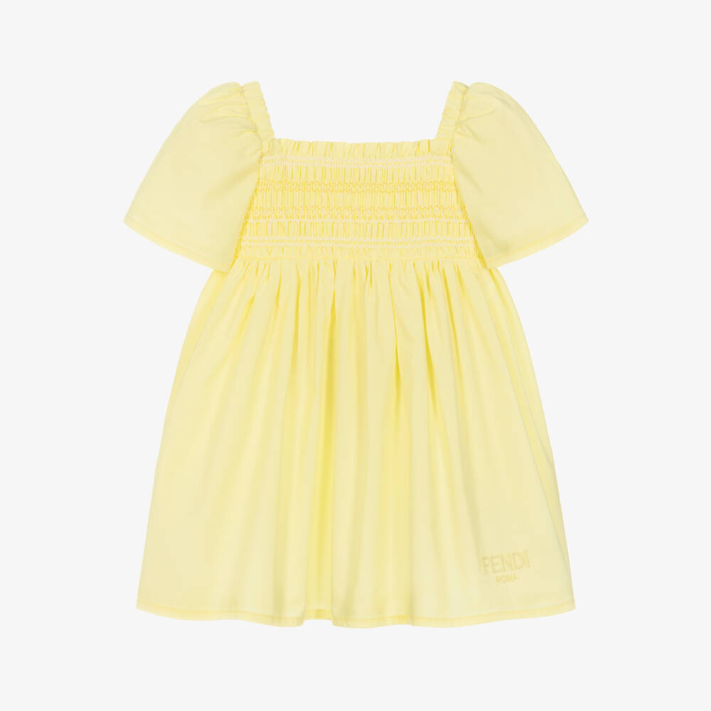 Fendi-Baby Girls Yellow Smocked Cotton Dress | Childrensalon Outlet
