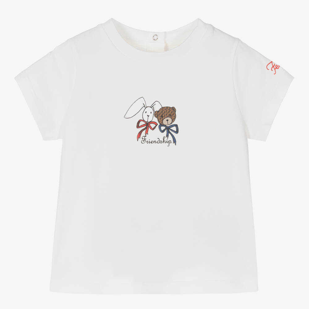 Fendi - Белая футболка с кроликом и медвежонком | Childrensalon