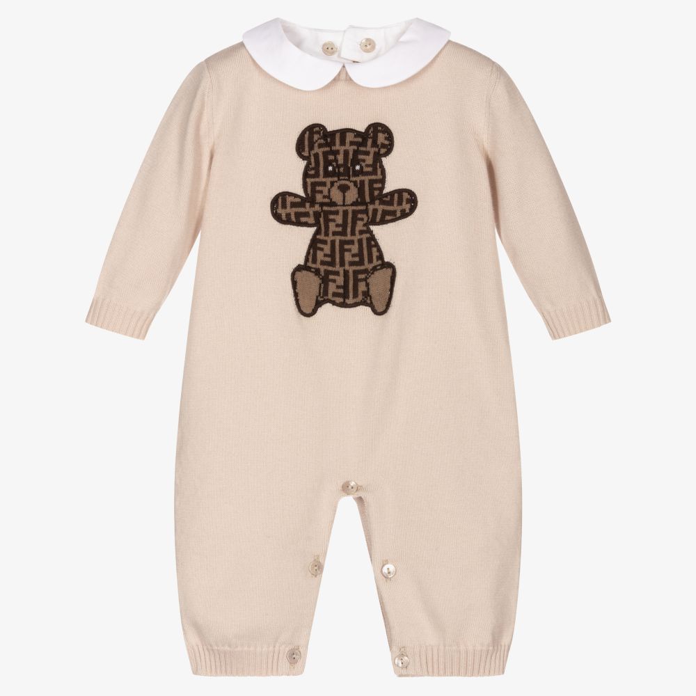 Fendi - Beige Cotton Knit Log Babygrow | Childrensalon