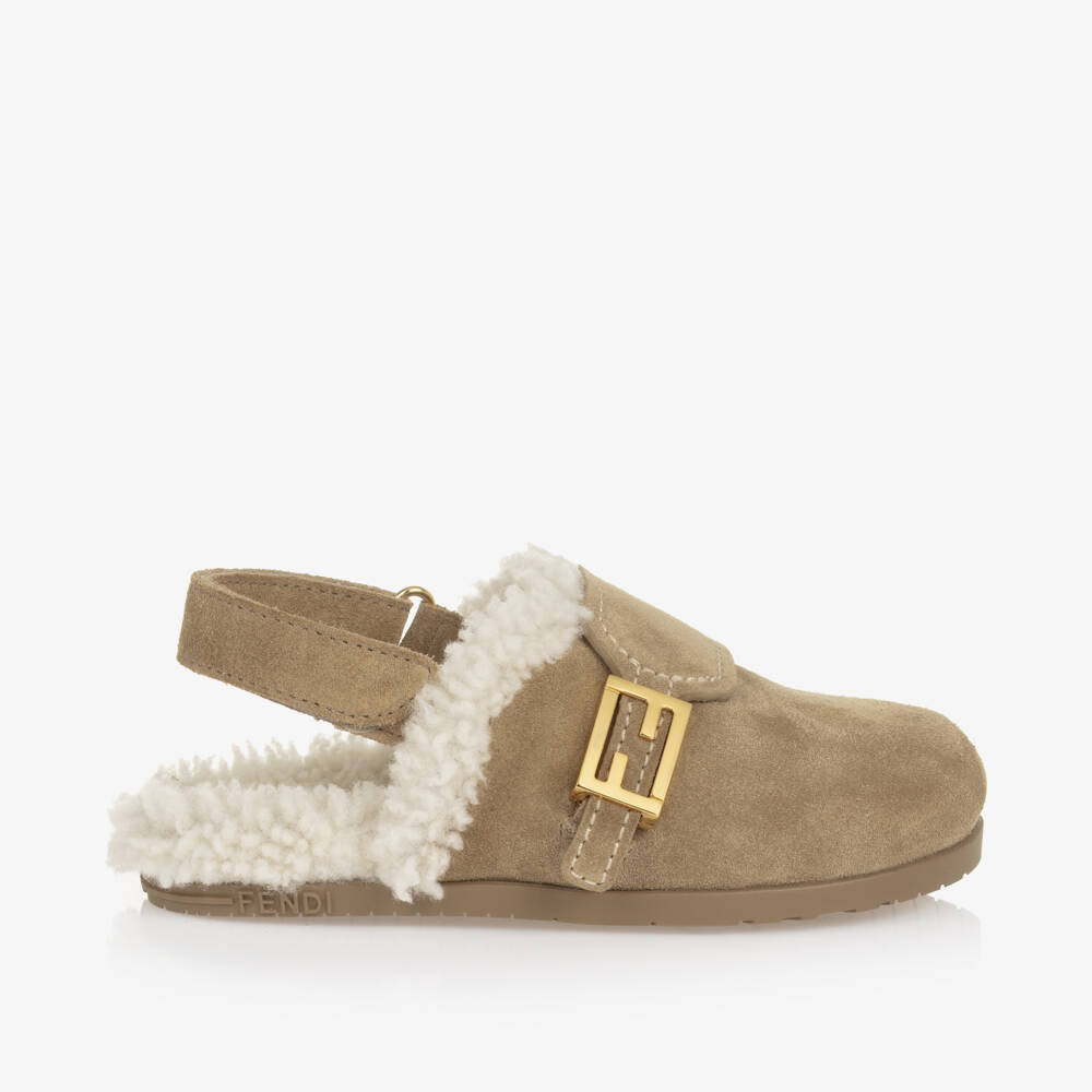 Fendi-شبشب أطفال من جلد الشمواه البيج مع فرو ناعم | Childrensalon Outlet