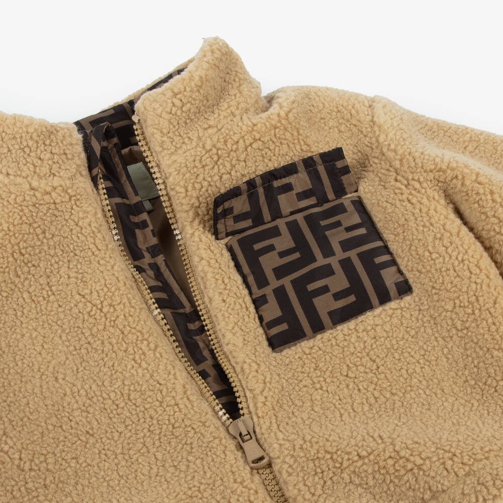 Fendi-Beige Teddy Fleece FF Baby Jacket | Childrensalon Outlet