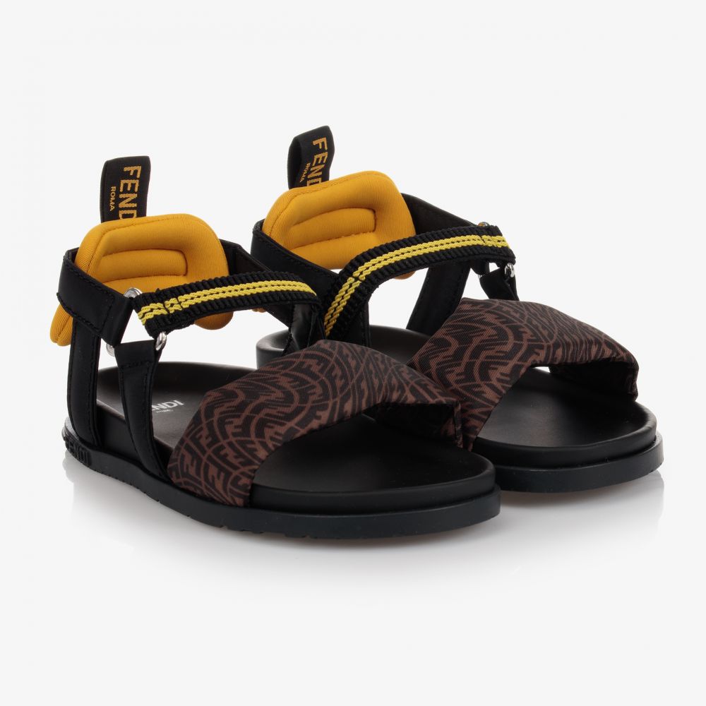 Fendi Black Beige FF Logo Sandals Childrensalon Outlet
