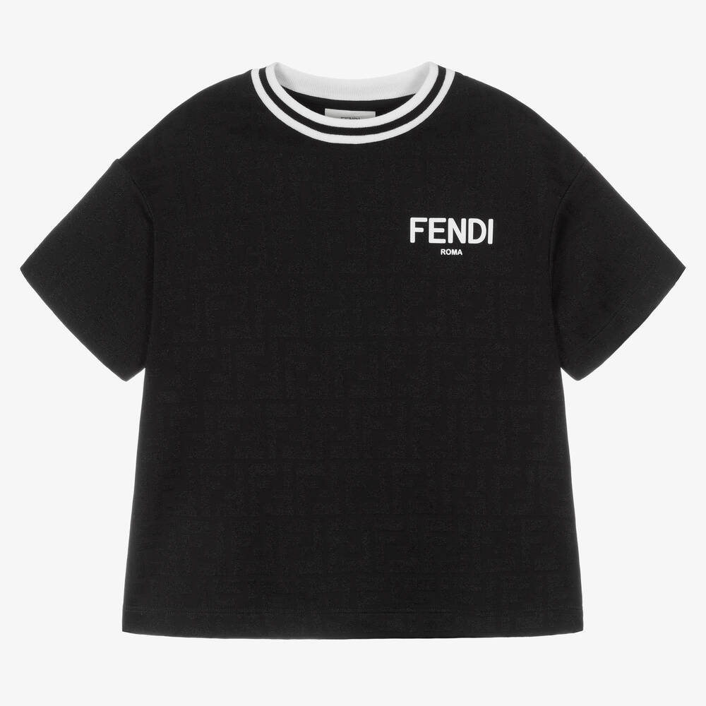 Fendi-Black Jacquard FF Logo T-Shirt | Childrensalon Outlet