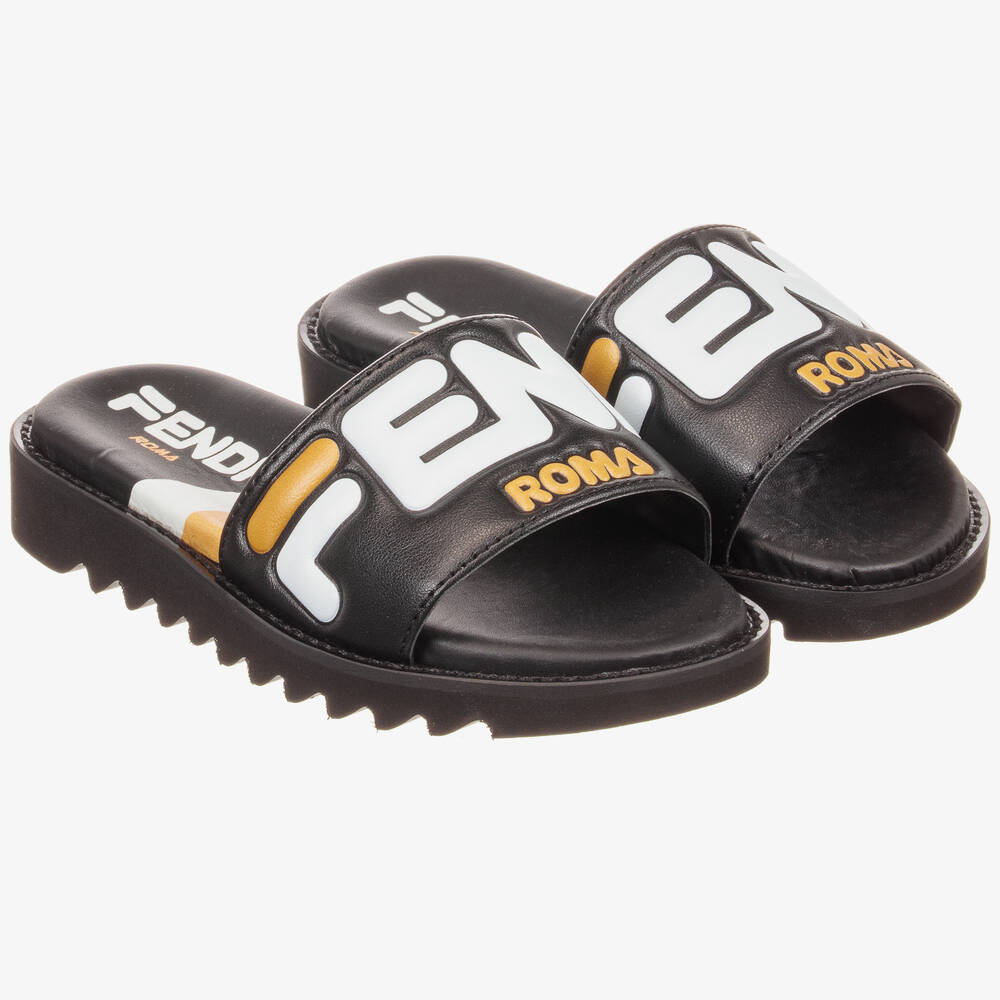 Fendi Mania - Black Leather Sliders  | Childrensalon