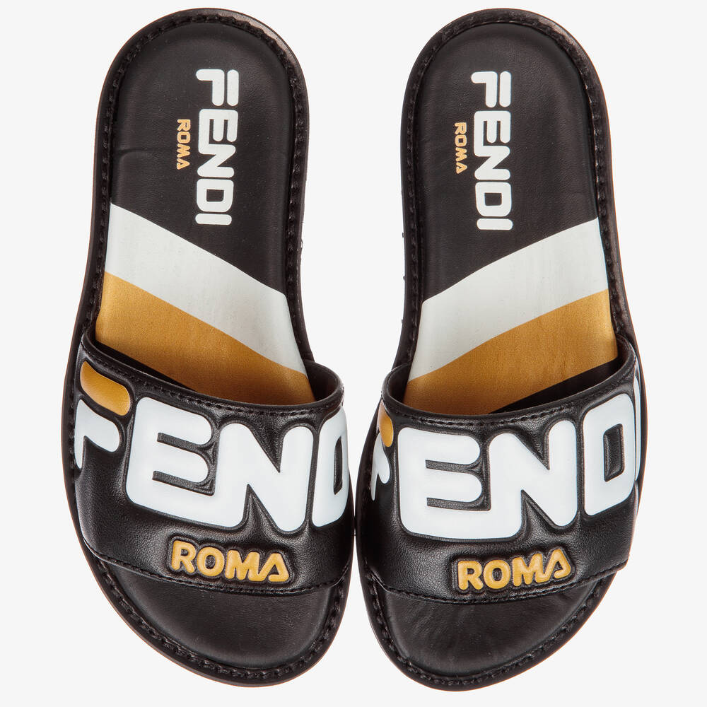 Fendi Mania Black Leather Sliders