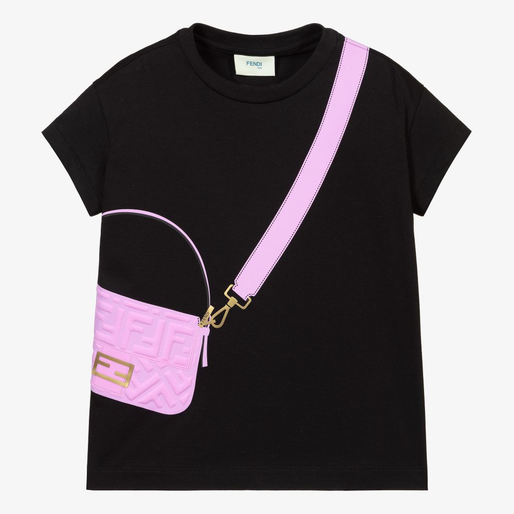 Fendi - Черно-розовая футболка с принтом-сумкой | Childrensalon