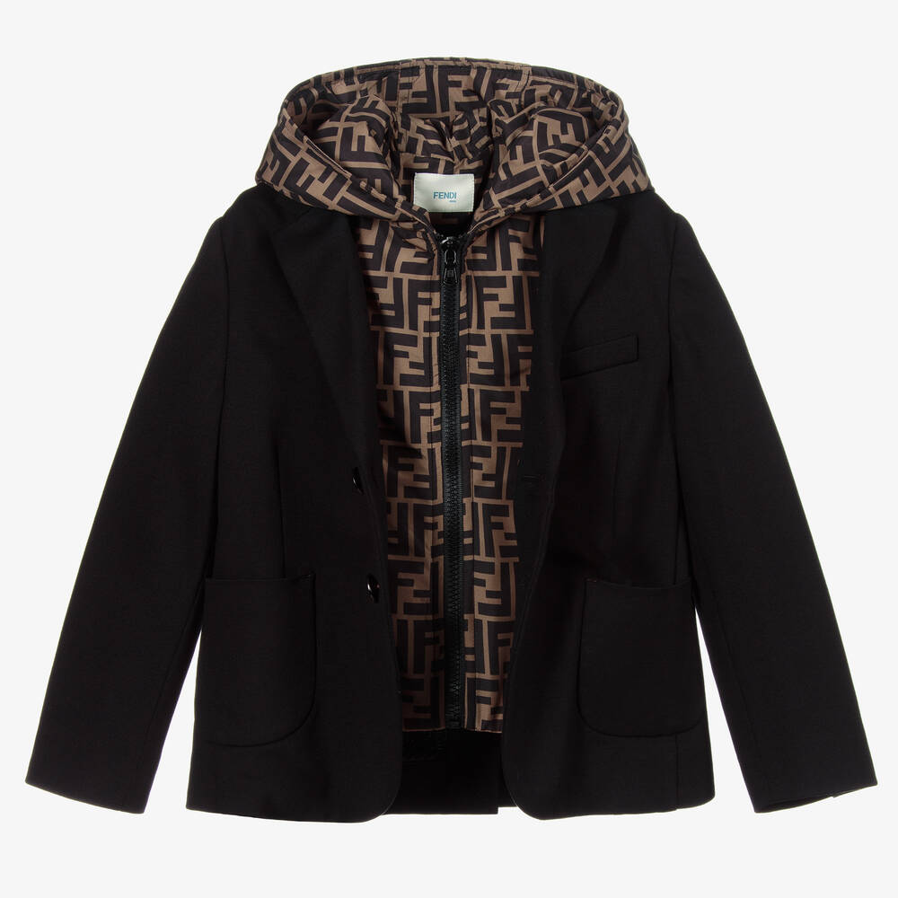 Fendi-Черный шерстяной блейзер с капюшоном с принтом-логотипом FF | Childrensalon Outlet
