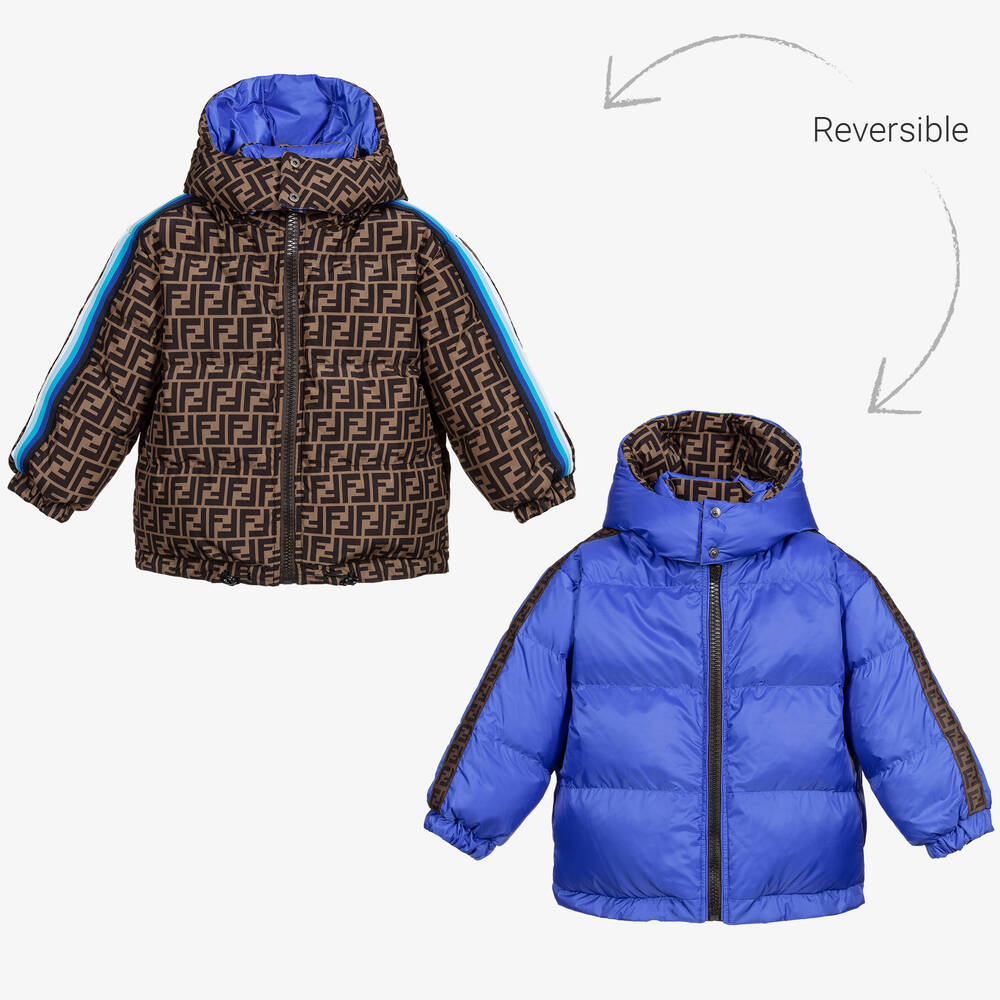 Fendi - Сине-коричневая куртка с капюшоном и логотипом FF | Childrensalon