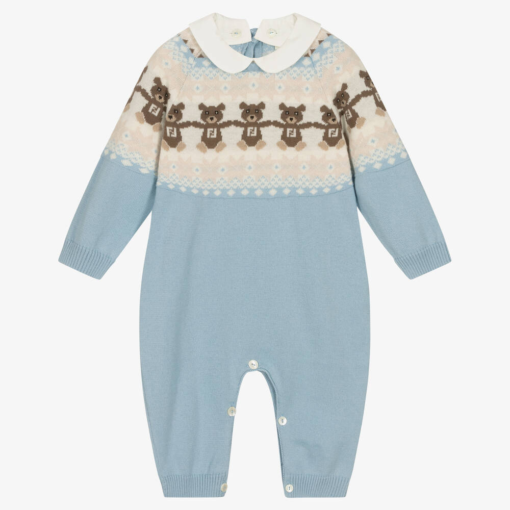 Fendi-Blue Cotton Knit Logo Romper | Childrensalon Outlet
