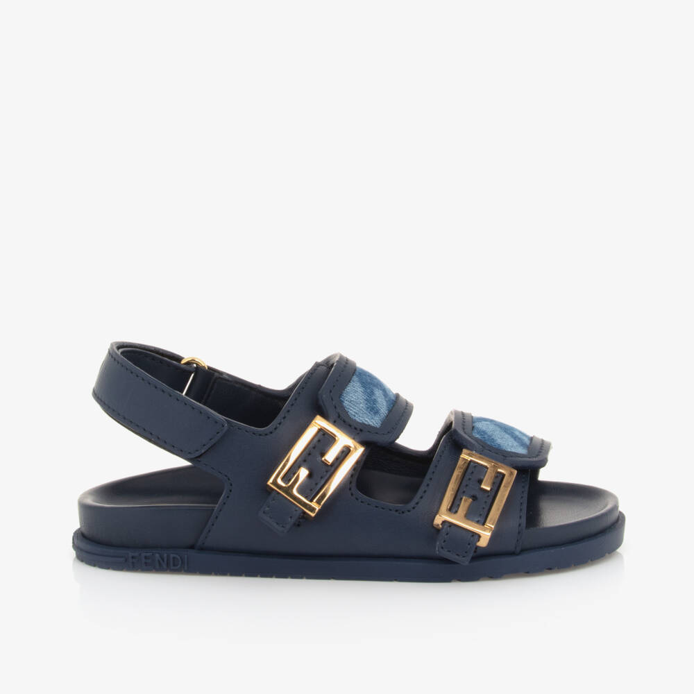 Fendi-Blue Leather FF Velcro Sandals | Childrensalon Outlet