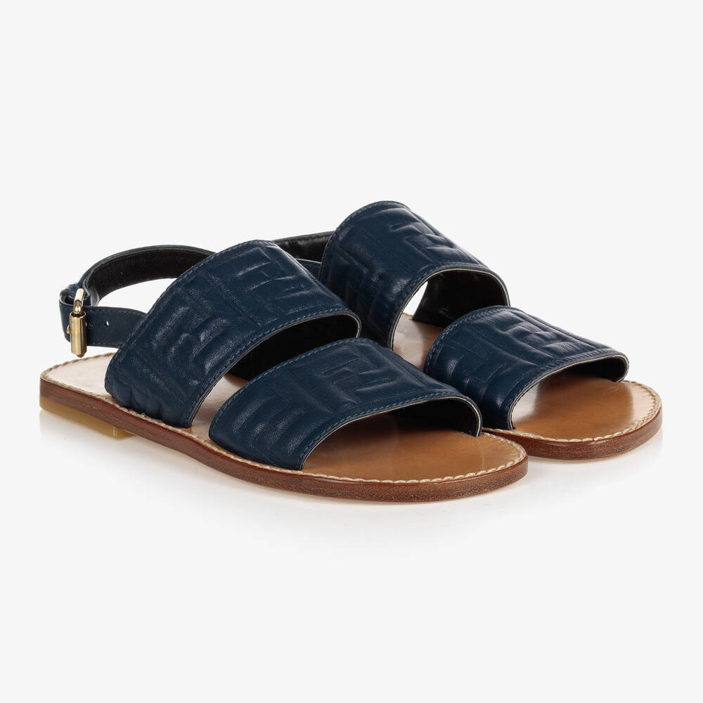 Fendi - Blue Leather Logo Sandals | Childrensalon