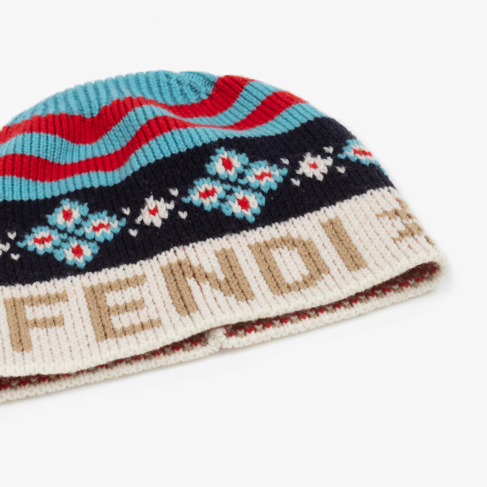 Fendi-Blue Logo Wool Knit Beanie Hat | Childrensalon Outlet