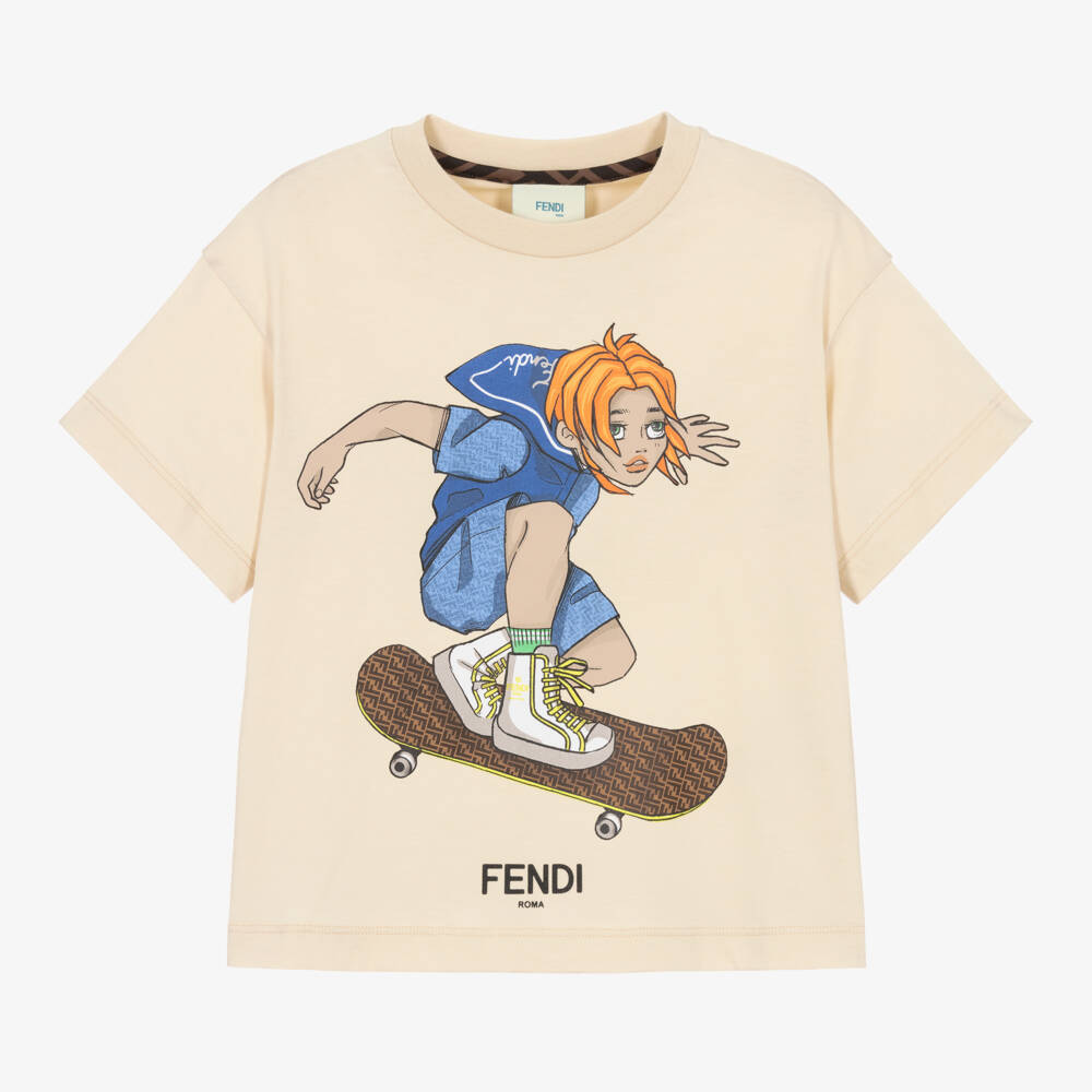 Fendi-Boys Beige Cotton FF Skateboard T-shirt | Childrensalon Outlet