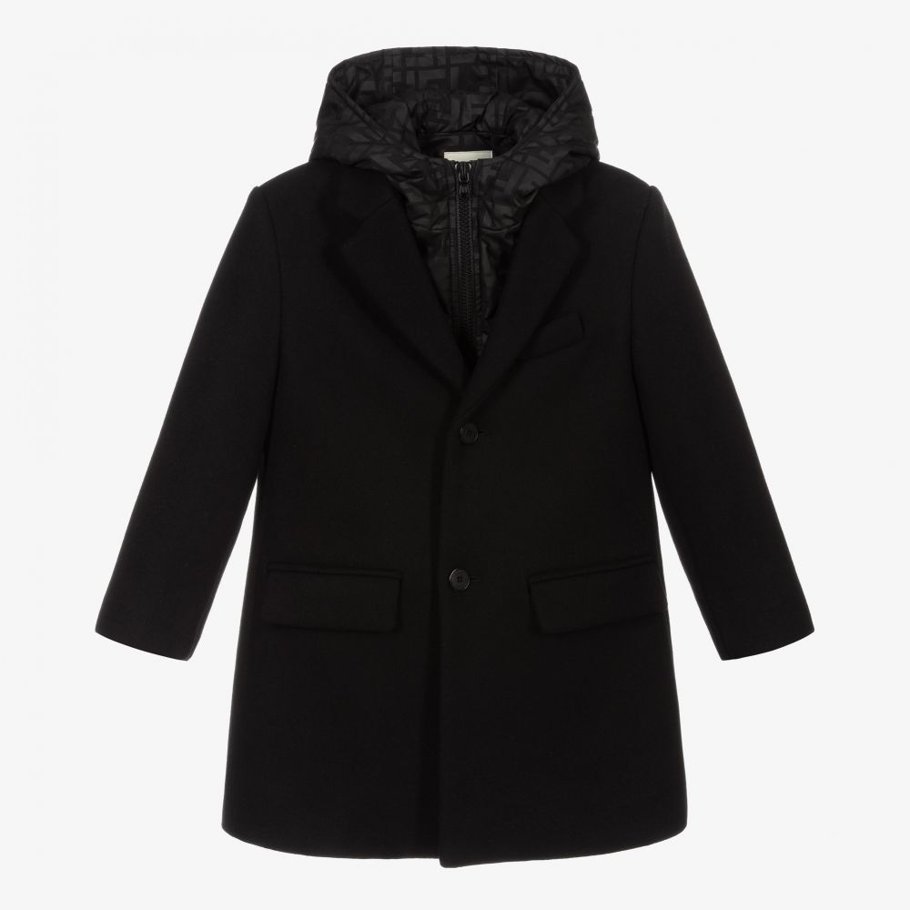 Fendi Boys Black FF Logo Wool Coat Childrensalon Outlet