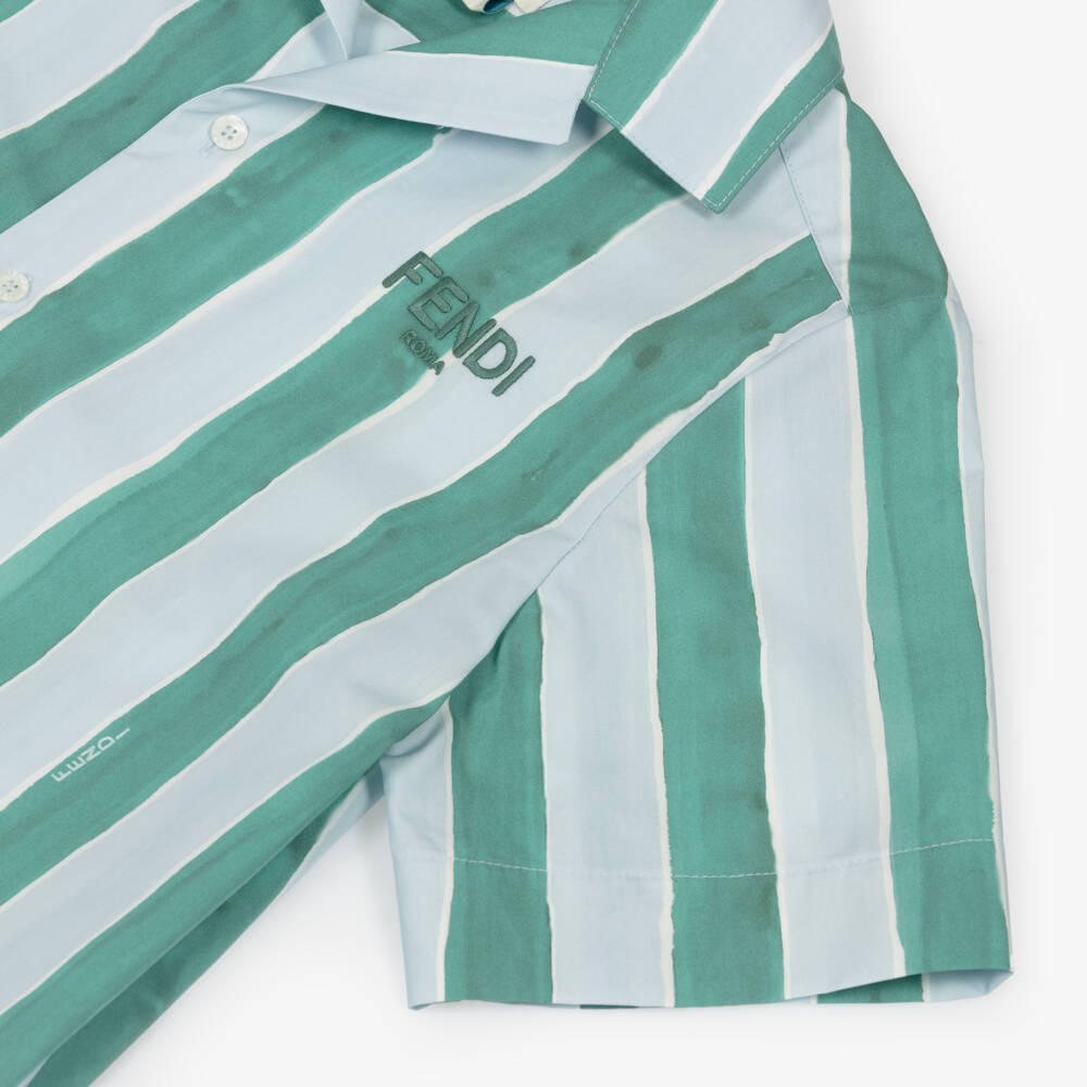 Fendi-Boys Blue & Green Stripe Cotton Shirt | Childrensalon Outlet