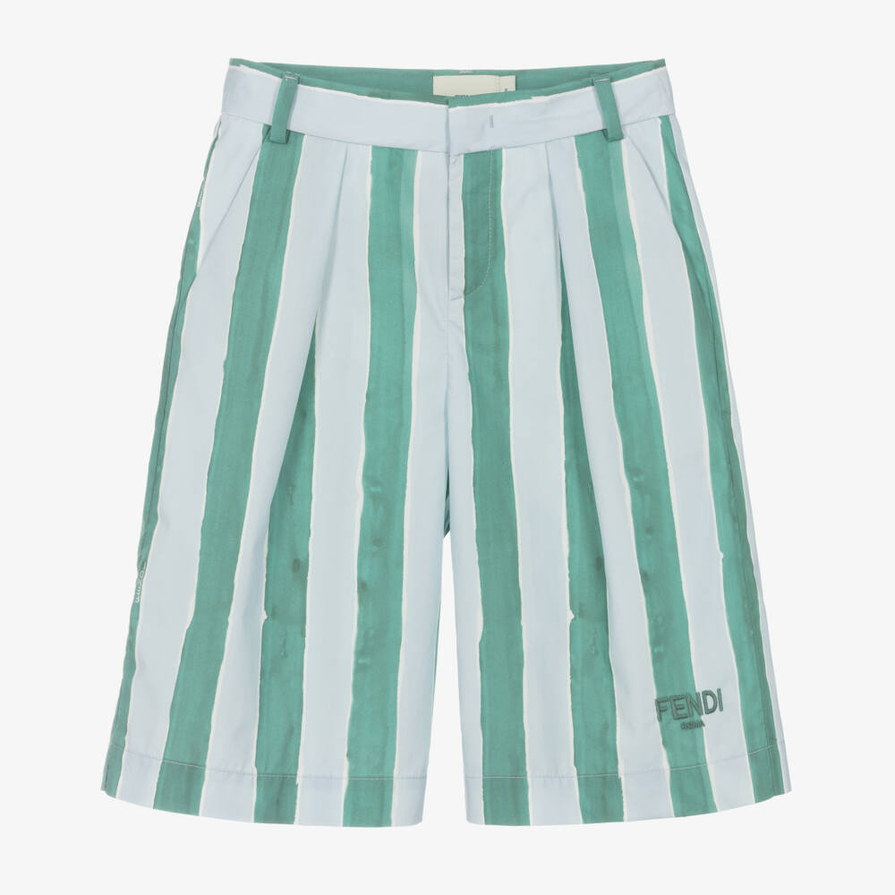 Fendi-Boys Blue & Green Stripe Cotton Shorts | Childrensalon Outlet