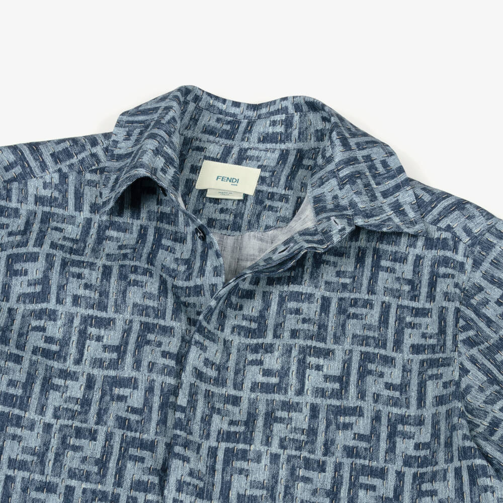 Fendi-Boys Blue Logo Linen Shirt | Childrensalon Outlet