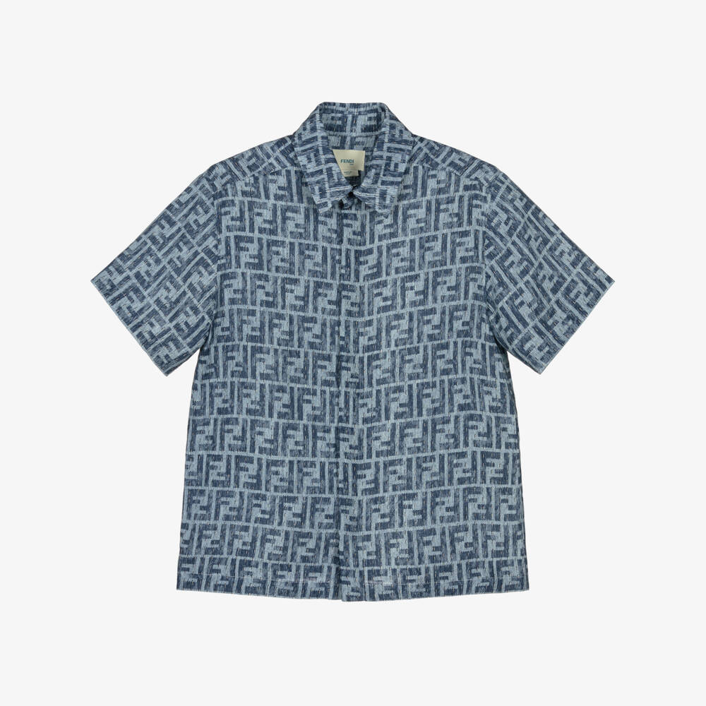 Fendi-Boys Blue Logo Linen Shirt | Childrensalon Outlet