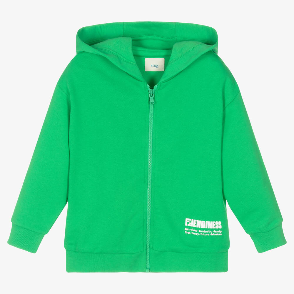 Fendi - Boys Green Cotton Hooded Zip-Up Top  | Childrensalon