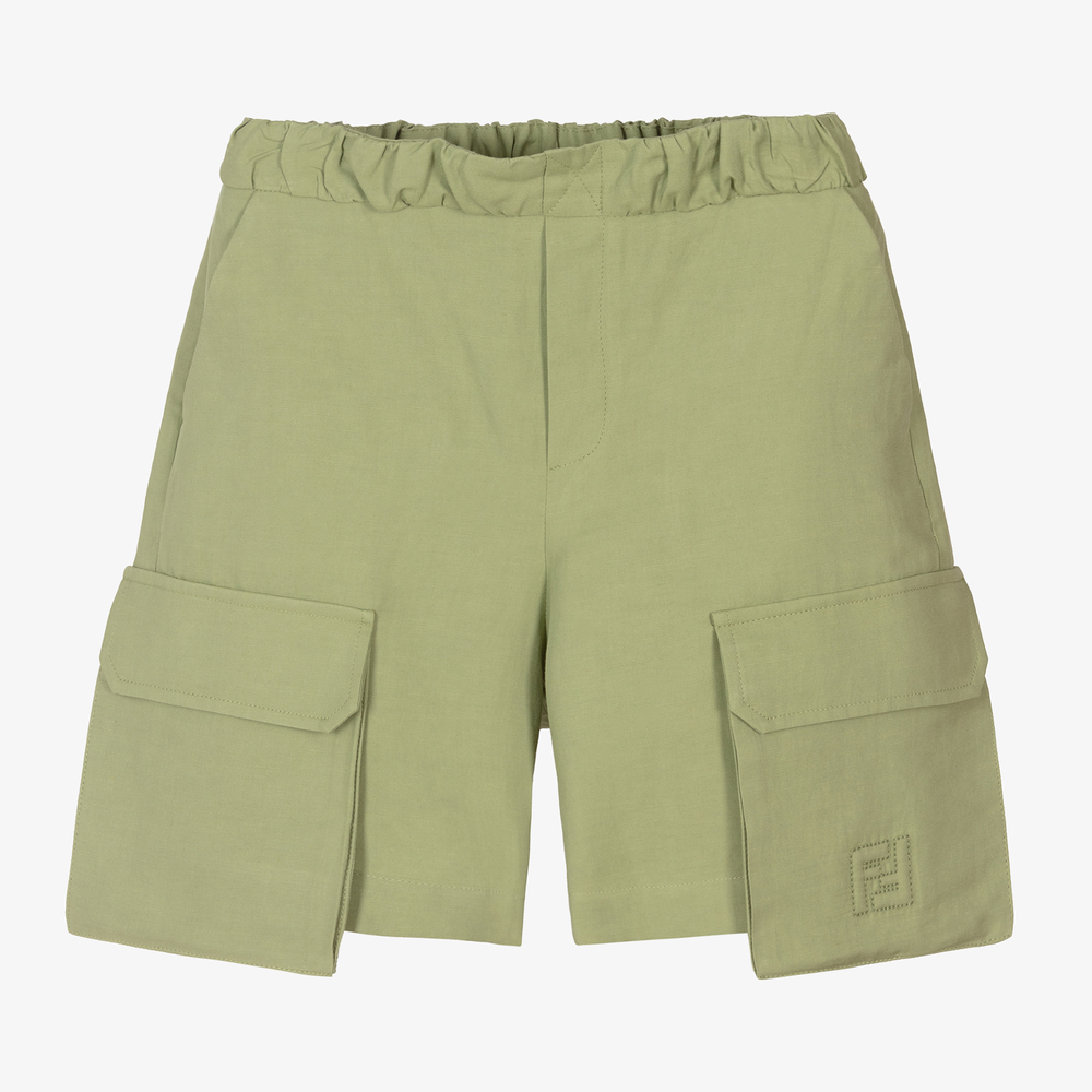 Fendi - Boys Green Linen FF Shorts | Childrensalon
