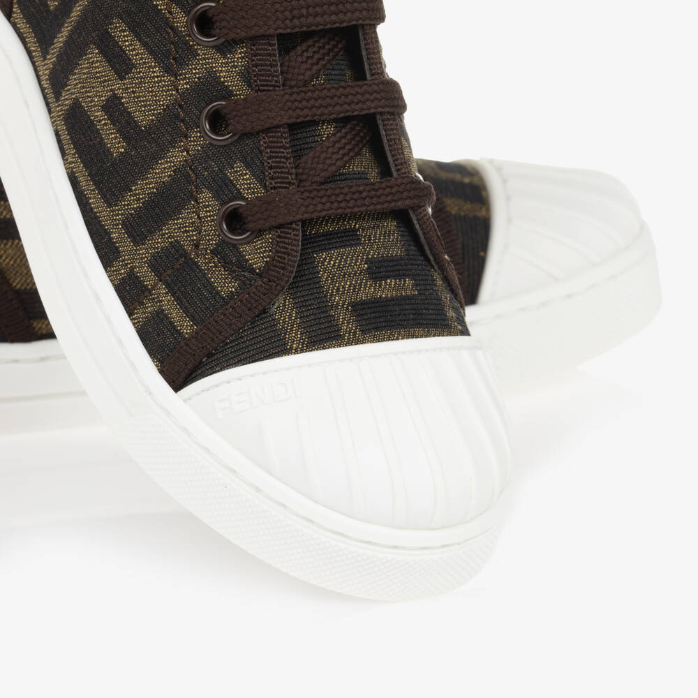 Fendi-حذاء رياضي عالي الرقبة بنقشة FF بني | Childrensalon Outlet