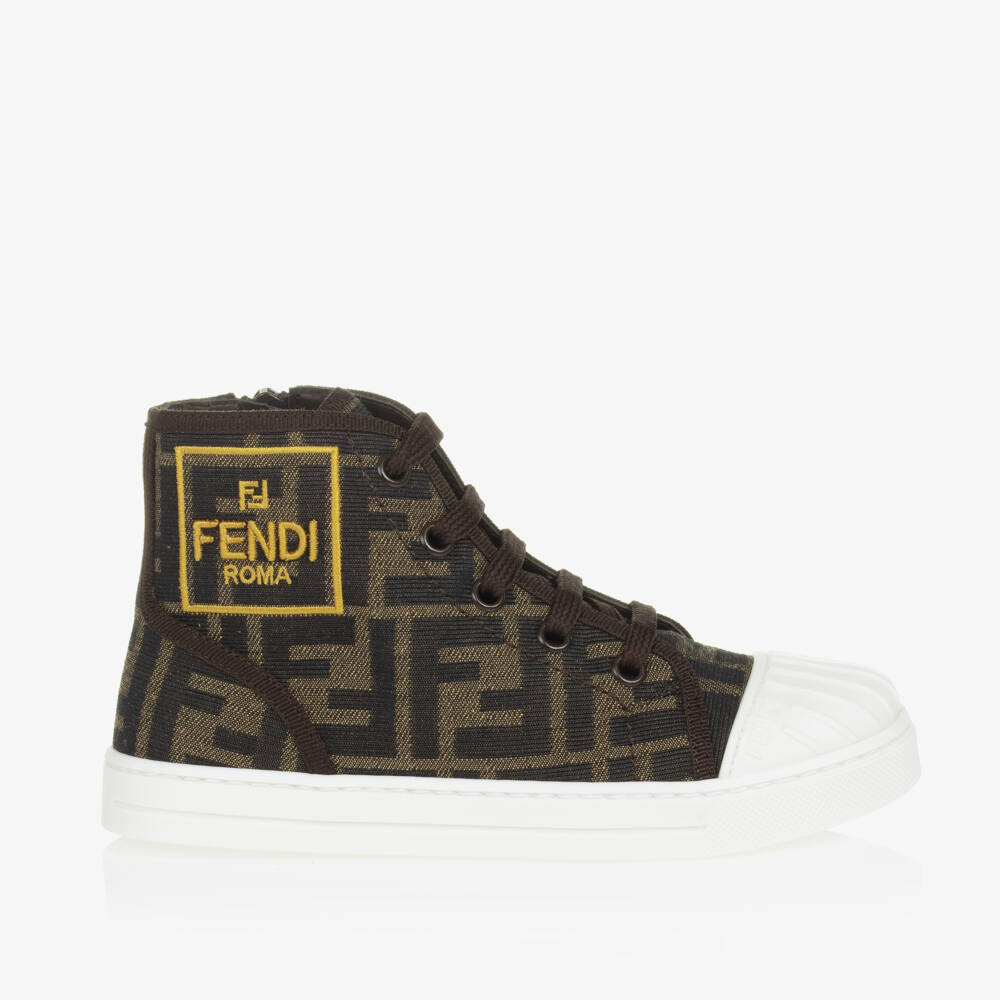 Fendi-حذاء رياضي عالي الرقبة بنقشة FF بني | Childrensalon Outlet