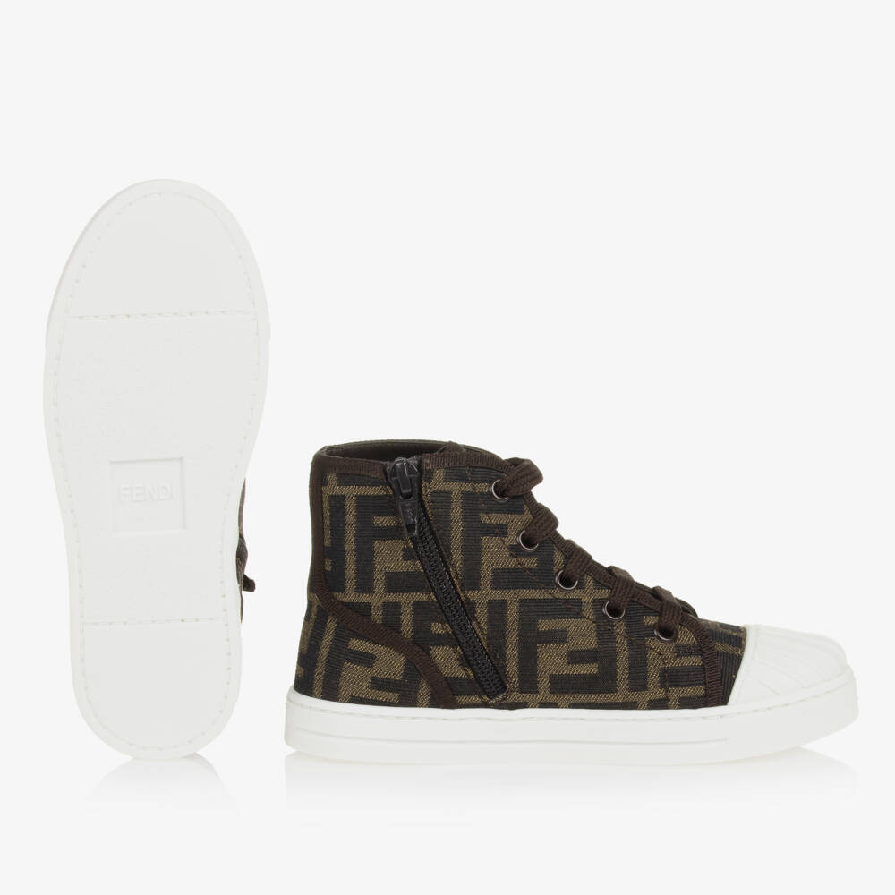 Fendi-حذاء رياضي عالي الرقبة بنقشة FF بني | Childrensalon Outlet