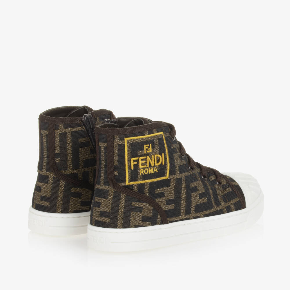 Fendi-حذاء رياضي عالي الرقبة بنقشة FF بني | Childrensalon Outlet