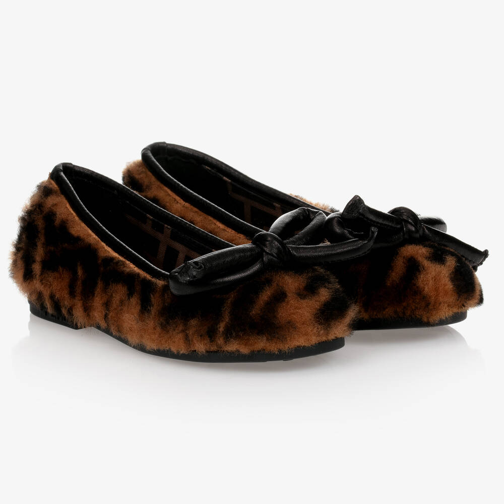 Fendi - Brown FF Sheepskin Ballerina | Childrensalon