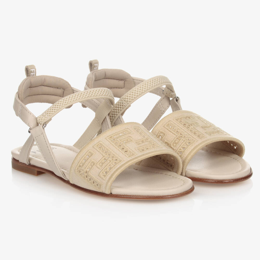 Fendi - Canvas & Leather Logo Sandals  | Childrensalon