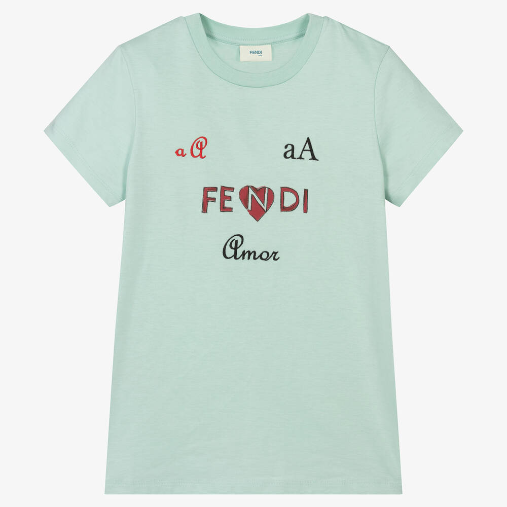 Fendi - Girls Aqua Blue Cotton Logo T-Shirt | Childrensalon