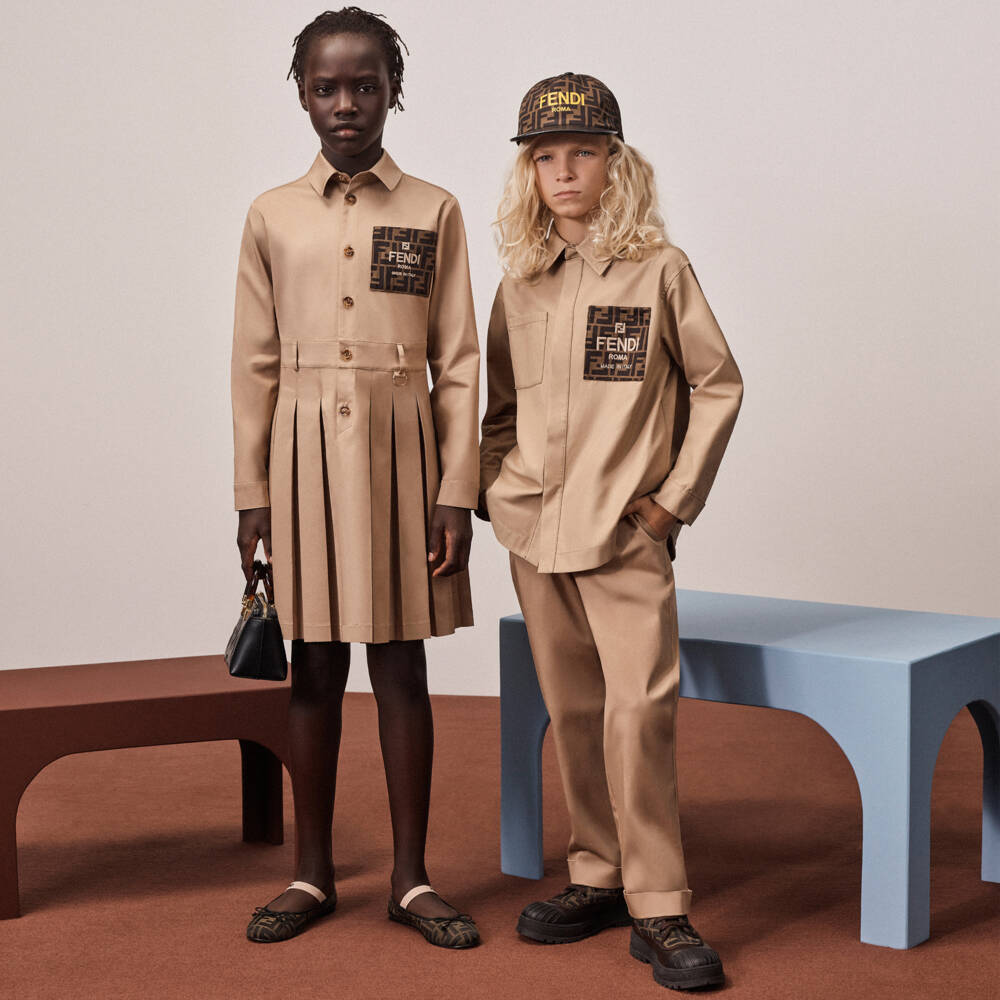 Fendi-Girls Beige Cotton FF Baguette Dress | Childrensalon Outlet