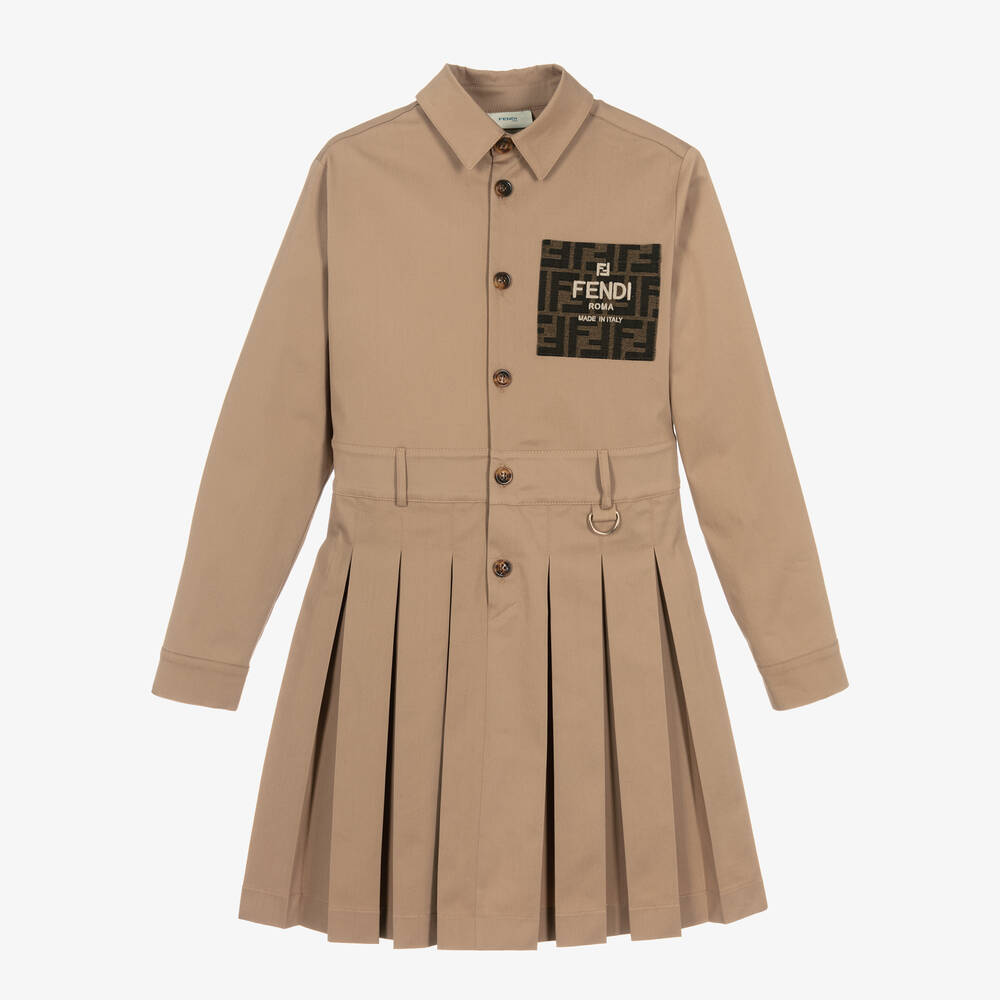 Fendi-Бежевое хлопковое платье FF с сумкой-багетом для девочек | Childrensalon Outlet