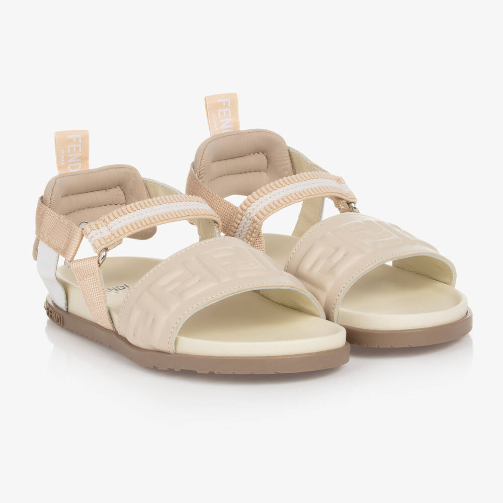 Fendi - Girls Beige FF Leather Sandals | Childrensalon