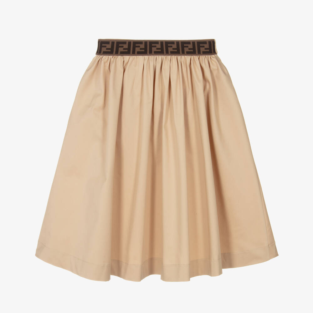 Fendi-Girls Beige FF Logo Cotton Skirt | Childrensalon Outlet