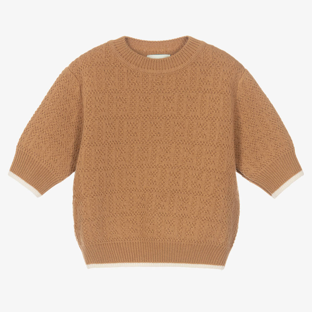 Fendi - Pull beige en maille fille | Childrensalon