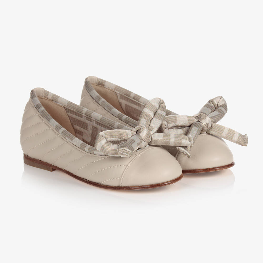 Fendi - Girls Beige Leather Ballerinas | Childrensalon