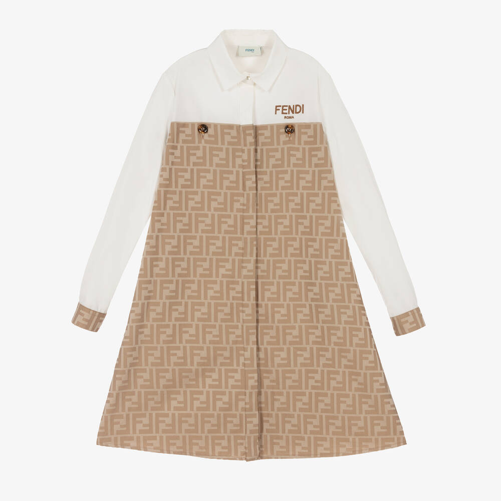 Fendi-Girls Beige & White Cotton FF Logo Dress  | Childrensalon Outlet