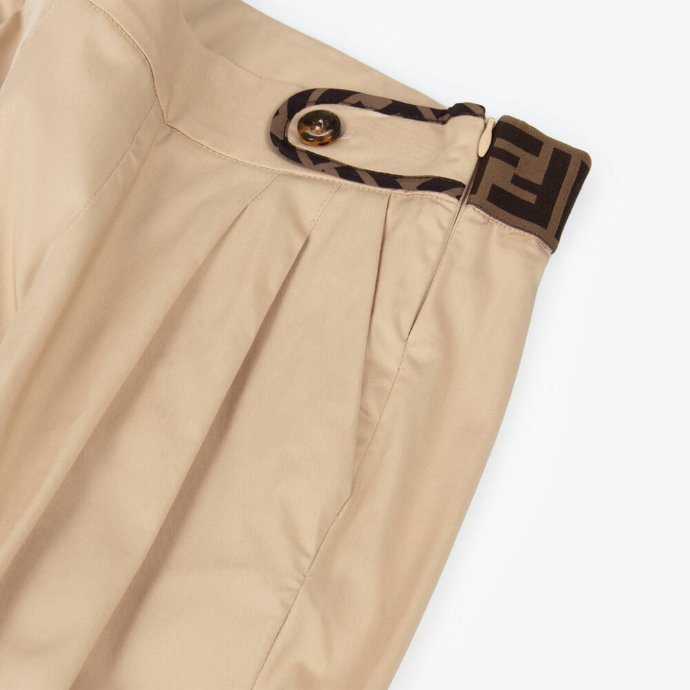 Fendi-Girls Beige Wide Leg Cotton Trousers | Childrensalon Outlet