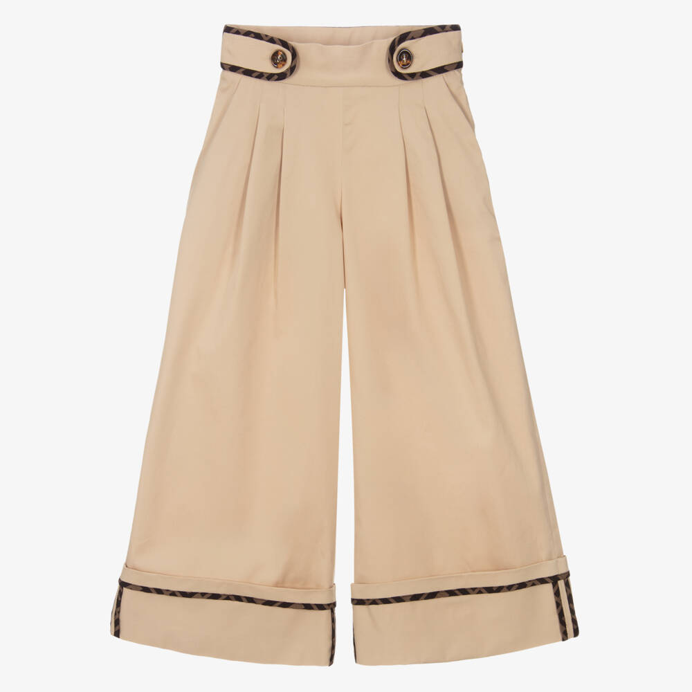 Fendi-Girls Beige Wide Leg Cotton Trousers | Childrensalon Outlet
