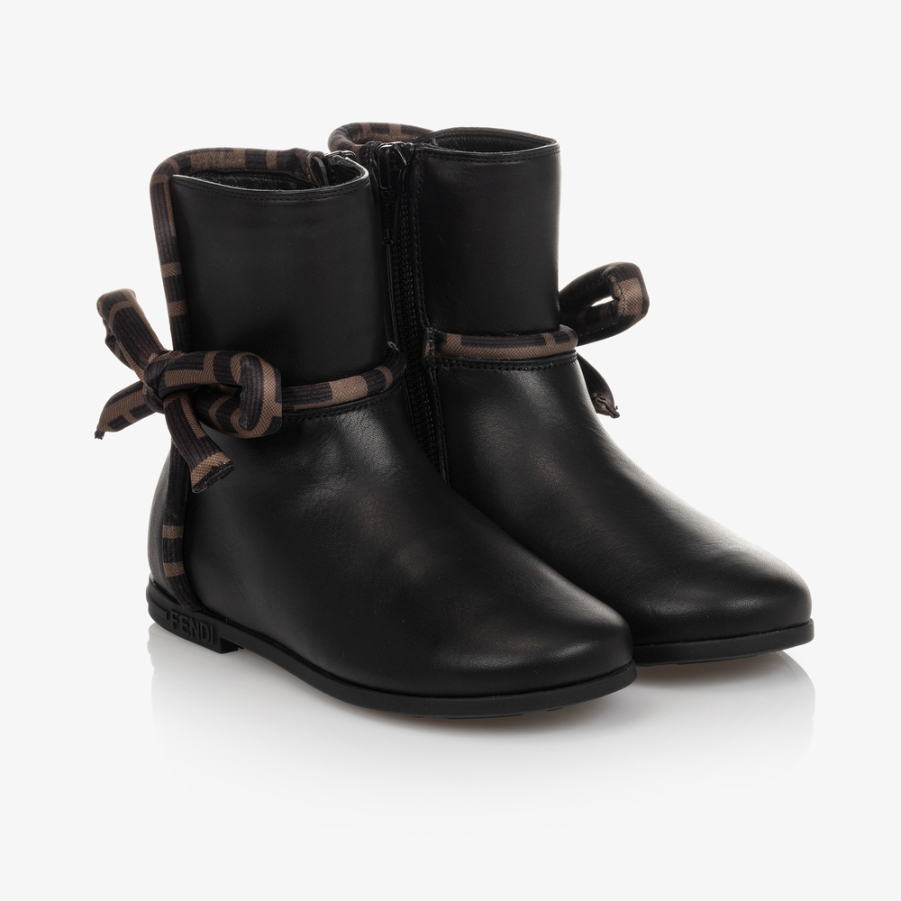 Fendi - Girls Black FF Leather Boots | Childrensalon