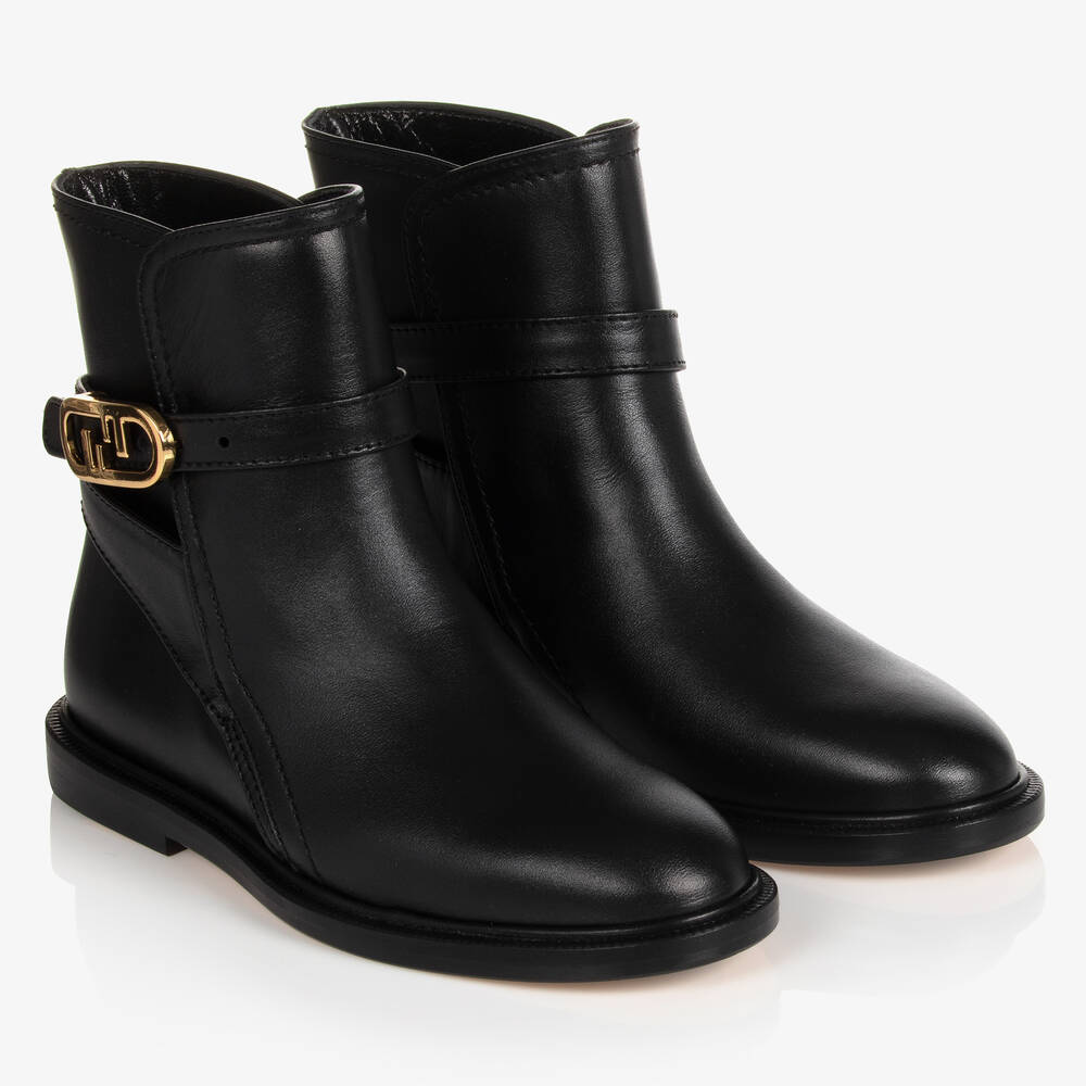 Fendi - Boots noires en cuir fille | Childrensalon