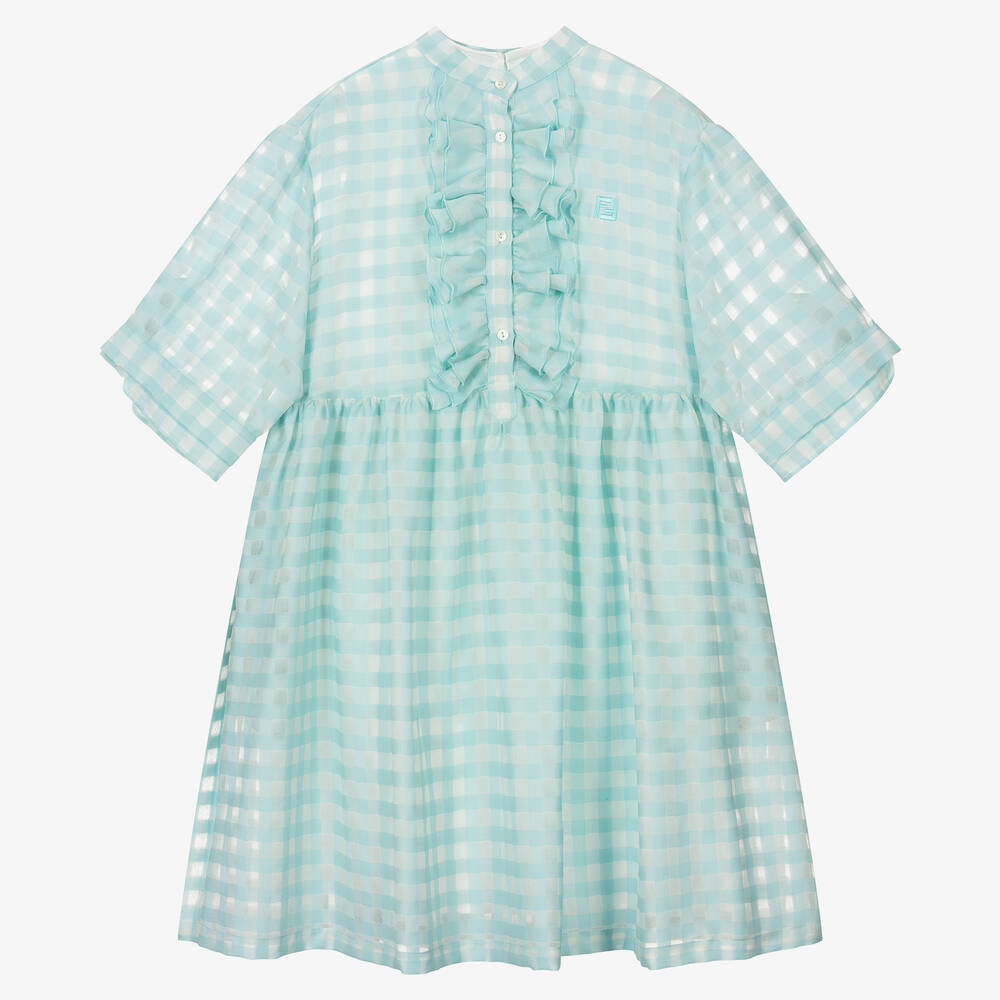 Fendi - Girls Blue Check Wool & Silk Dress | Childrensalon