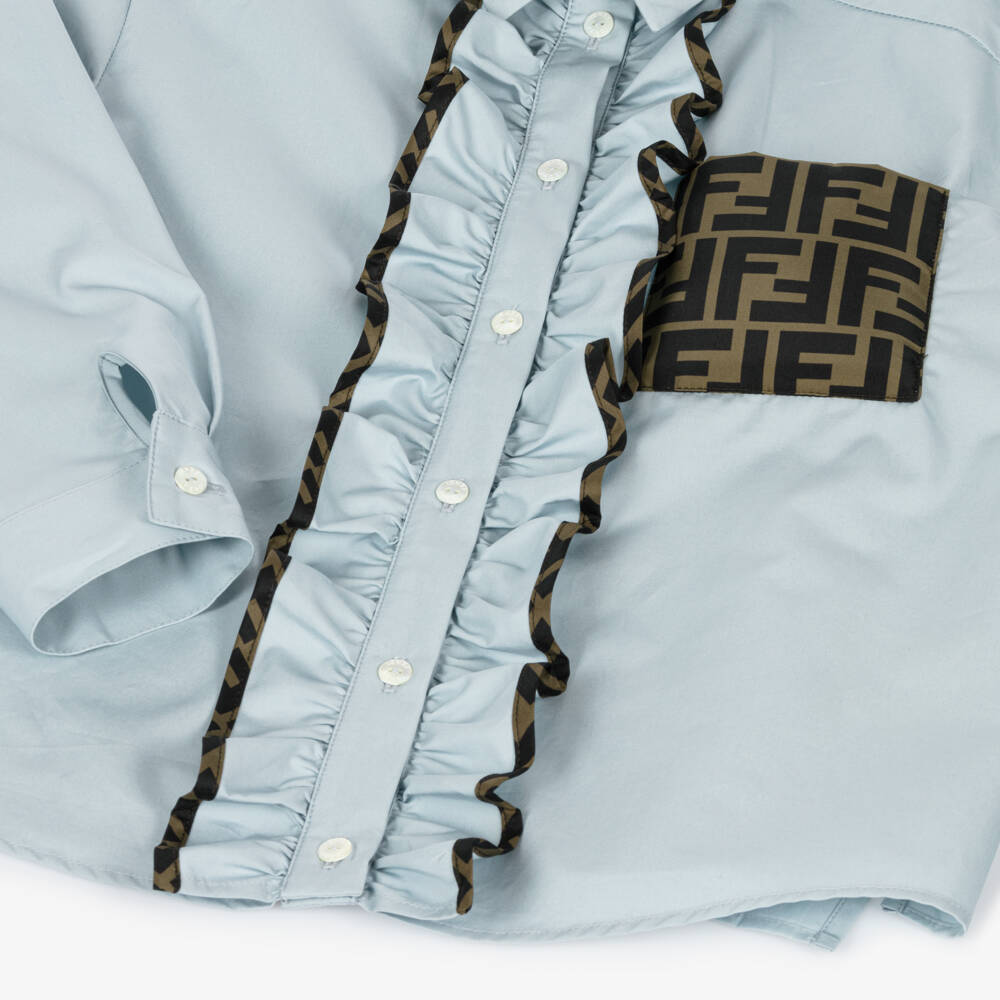 Fendi-Girls Blue Cotton Ruffle Blouse | Childrensalon Outlet