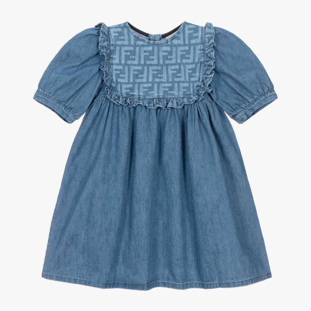 Fendi-فستان دنيم أزرق مزين بالكشكش للبنات | Childrensalon Outlet