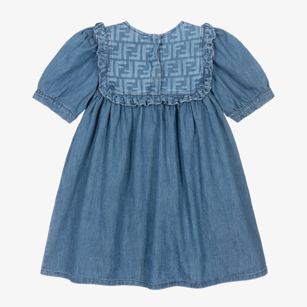 Fendi-فستان دنيم أزرق مزين بالكشكش للبنات | Childrensalon Outlet