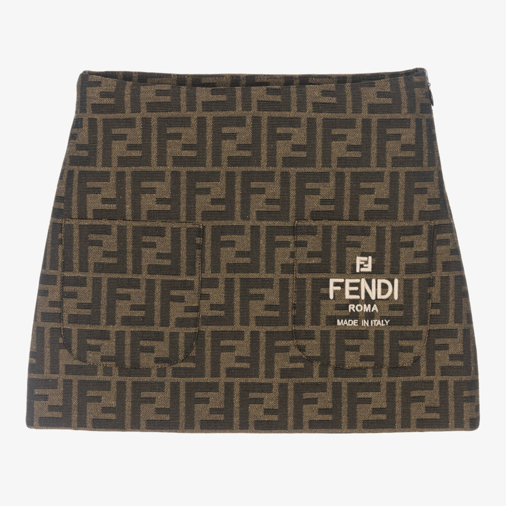 Fendi-Girls Brown Jacquard FF Logo Skirt | Childrensalon Outlet
