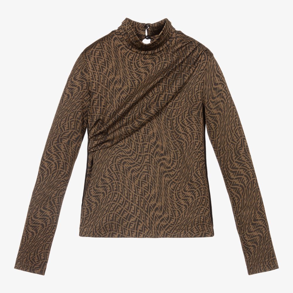 Fendi Girls Brown Logo Roll Neck Top Childrensalon Outlet