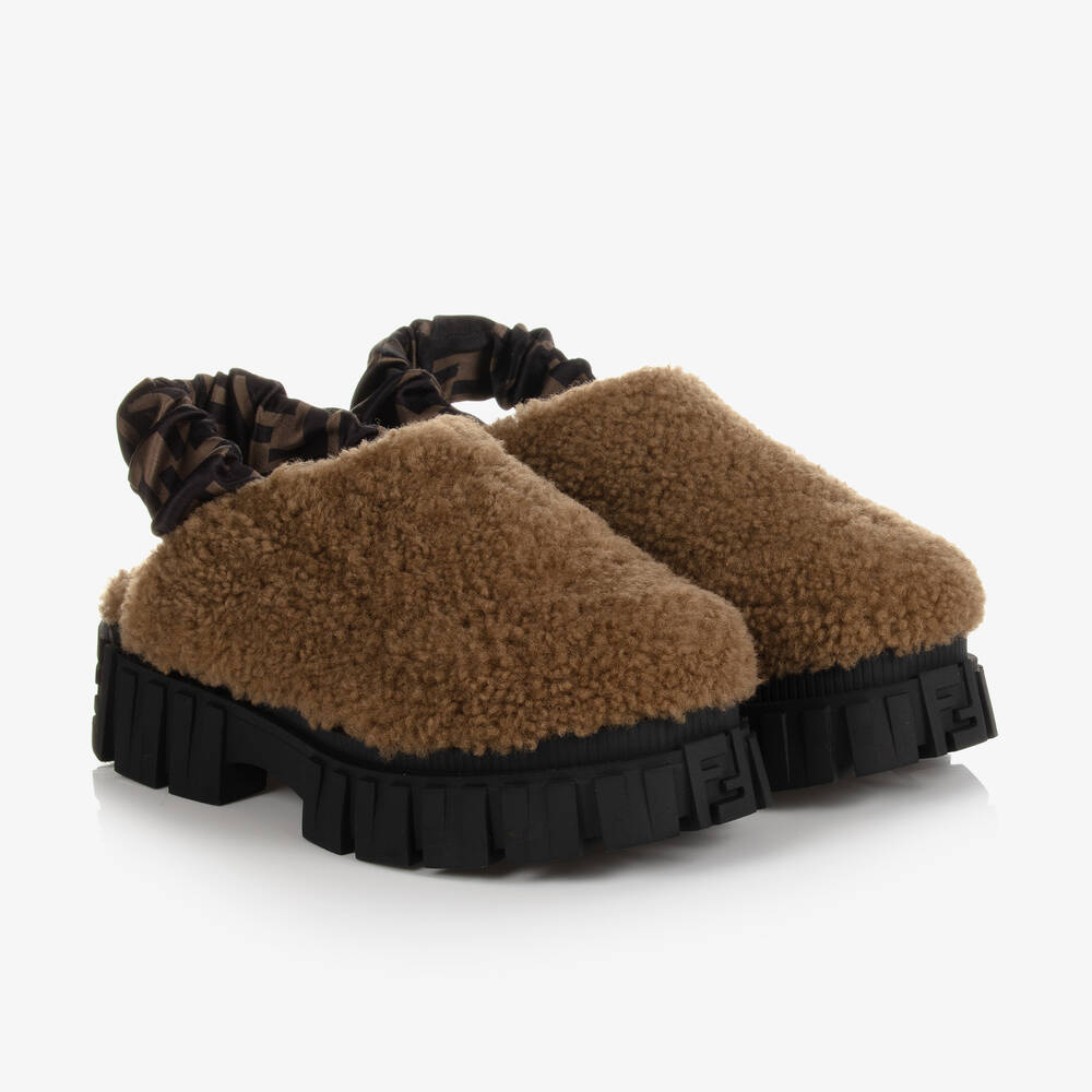 Fendi-Girls Brown Shearling Sliders | Childrensalon Outlet